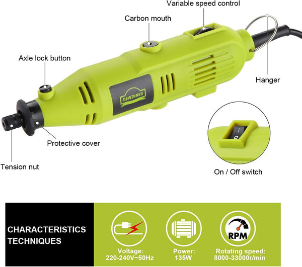 DEWINNER Rotary Multi-Tool, 135W 6 Variable Speed 8000-35000 RPM, 233 pcs Accessories Mini Tool Kit Set Case, DIY Creation for Craft Project Functional Polishing Cleaning Cutting Sanding Carving