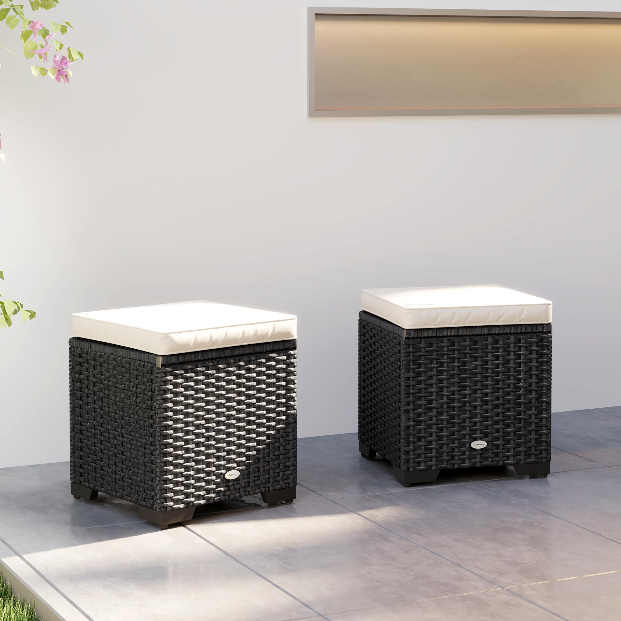 Outsunny Set of 2 Rattan Storage Ottoman, Outdoor Footstool with Removable Cushions, Garden Storage Seat for Balcony, Porch, Living Room, Beige