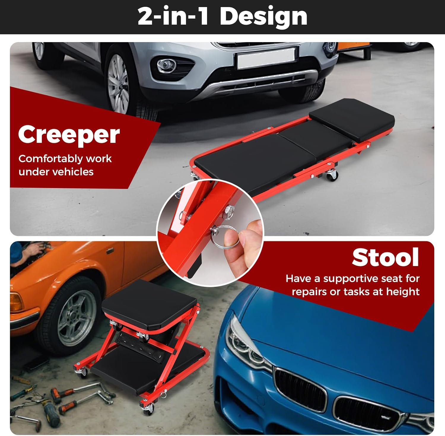 COSTWAY 2-in-1 Folding Car Creeper and Seat, 37Inch Padded Mechanics Creeper Stool with 6 Rotatable Wheels, Rolling Garage Work Crawler Board Bench, Maximum Load 150 KG