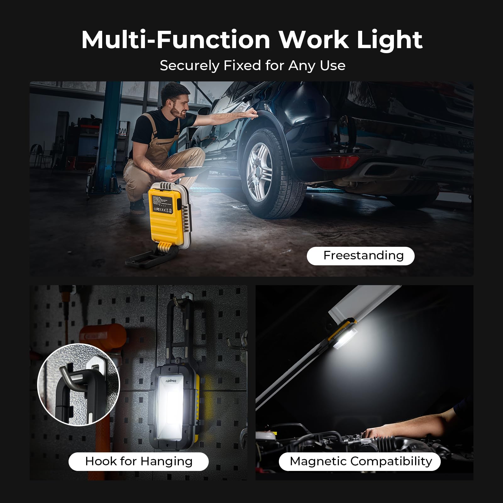 BougeRV WL01 PRO Work Light Rechargeable, 1500 Lumens Magnetic Inspection Light, Portable Lamp with 180° Rotating Stand & Hook, Multiple Lighting Modes for Car Repair, Camping, Outdoor, Emergency