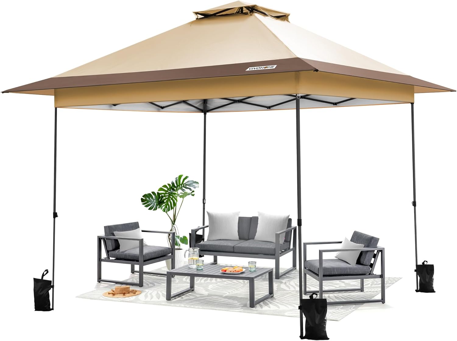 VIVOHOME Canopy Tent 3x3m Outdoor Shelter 2 Tiers Roof with Portable Wheel Carry Bag and 4 Sandbags Pop Up for Patio Garden Backyard