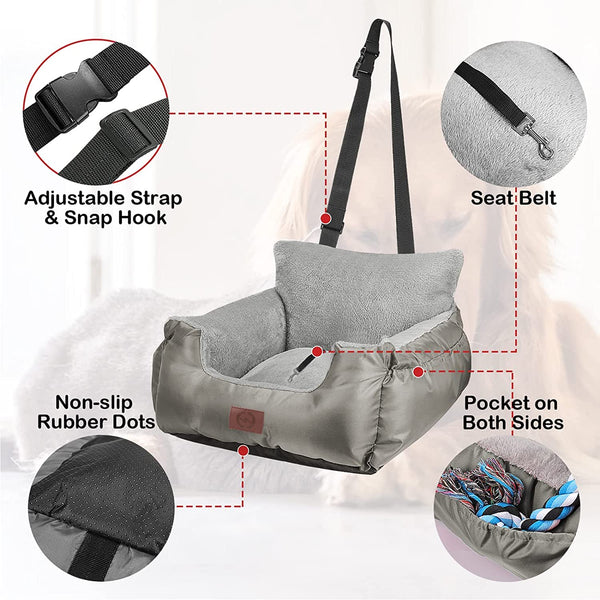 GoFirst Dog Car Seat for Small Dogs or Cats, Pet Booster Seat Travel Car Bed with Storage Pocket and Clip-On Safety Leash, Waterproof Warm Plush Dog Car Safety Seats,Black