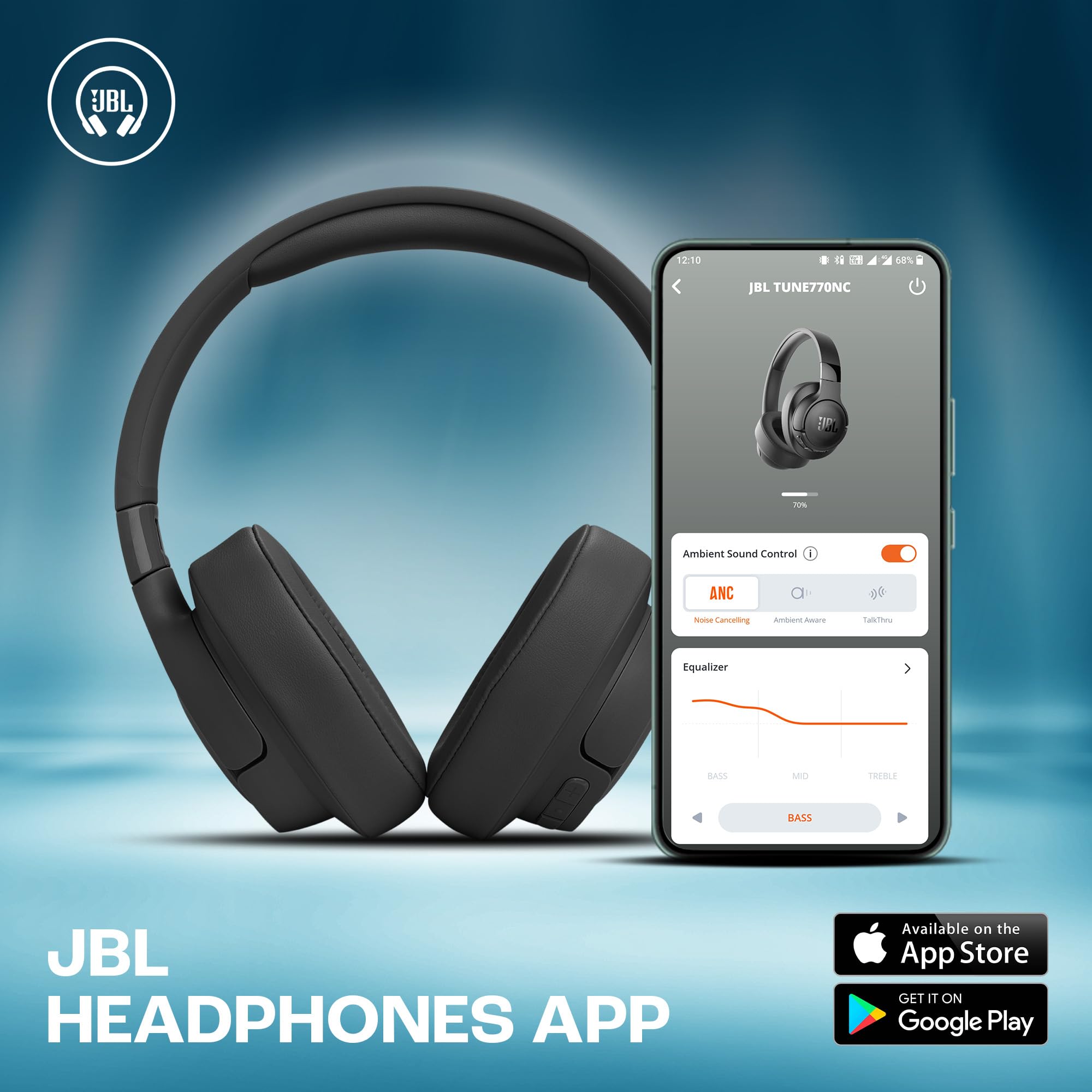 JBL Tune 770 NC Wireless Over-Ear Bluetooth Headphones with Adaptive Noise-Cancelling Technology and 70-Hour Battery Life, Blue