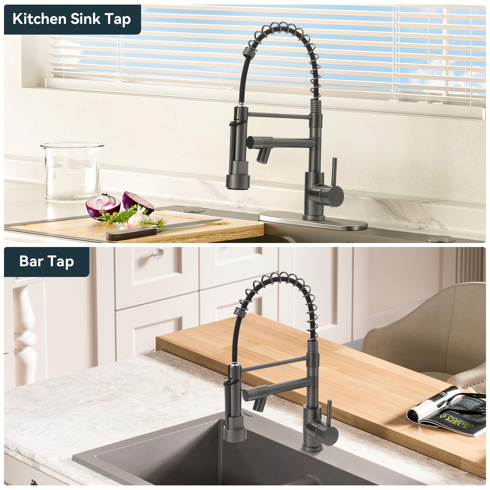 Warmiehomy 5 Modes Kitchen Taps Mixer with Pull Out Spray,High Arc 360° Swivel Dual Spout Pull Down Stainless Steel Kitchen Sink Taps,Brushed Nickel