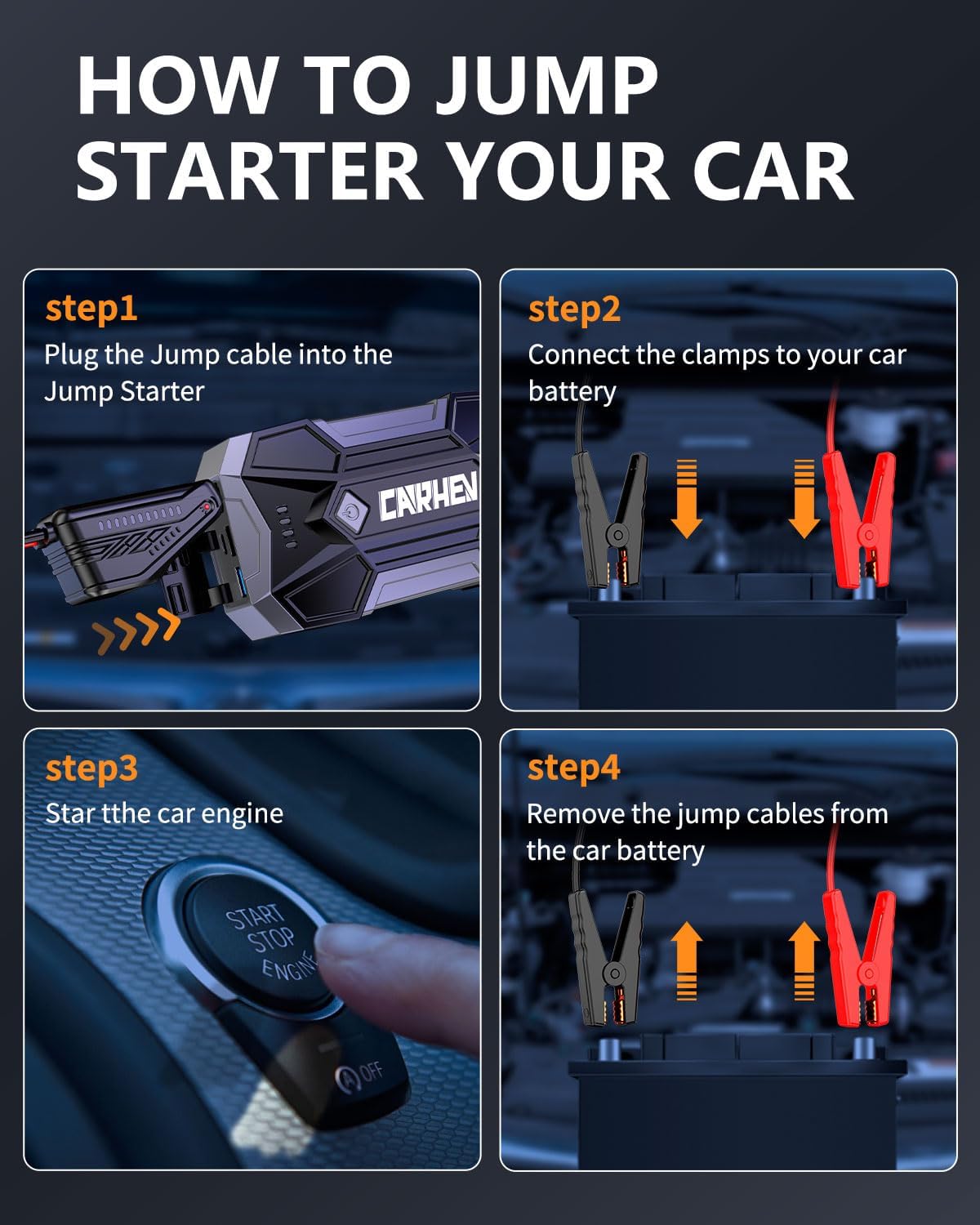 CARHEV 4500A Jump Starter Power Pack, 12V Car Battery Booster Jump Starter Power Bank (up to 8.0L Gas or 8.0L Diesel Engine), Portable Car Starter with LED Flashlight, Jump Pack with Jump Leads