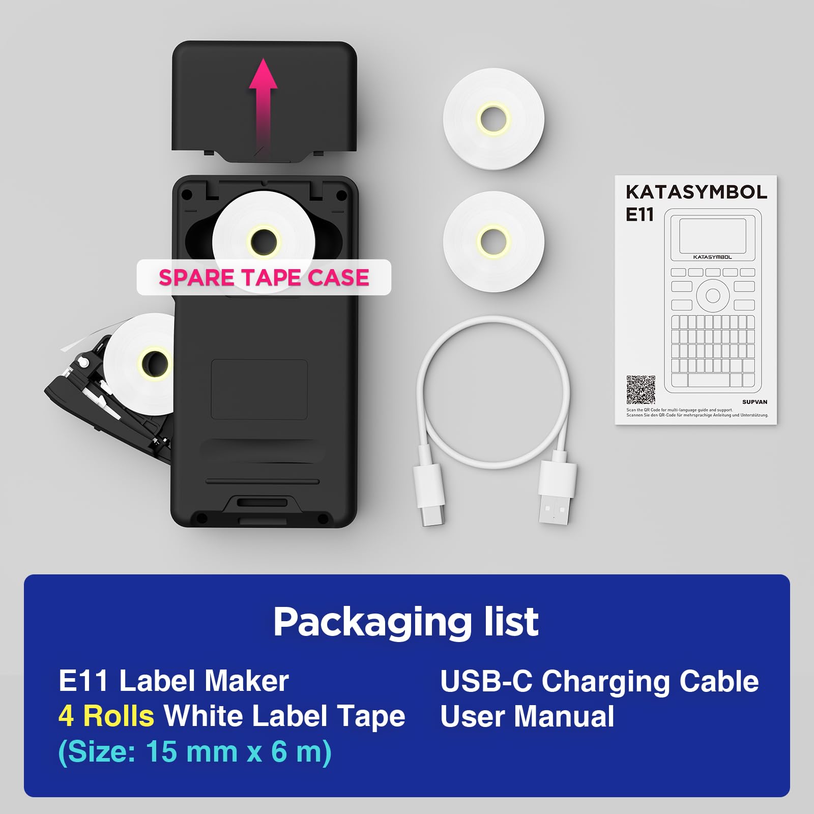 SUPVAN E11 Bluetooth Label Maker Machine with 4 Tapes, Support Keyboard & App with 40 Fonts and 450+ Icons, Rechargeable Inkless Labeler for Home, Kitchen, Office, School Organization, Black