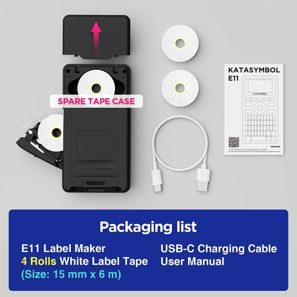 SUPVAN E11 Bluetooth Label Maker Machine with 4 Tapes, Support Keyboard & App with 40 Fonts and 450+ Icons, Rechargeable Inkless Labeler for Home, Kitchen, Office, School Organization, Black