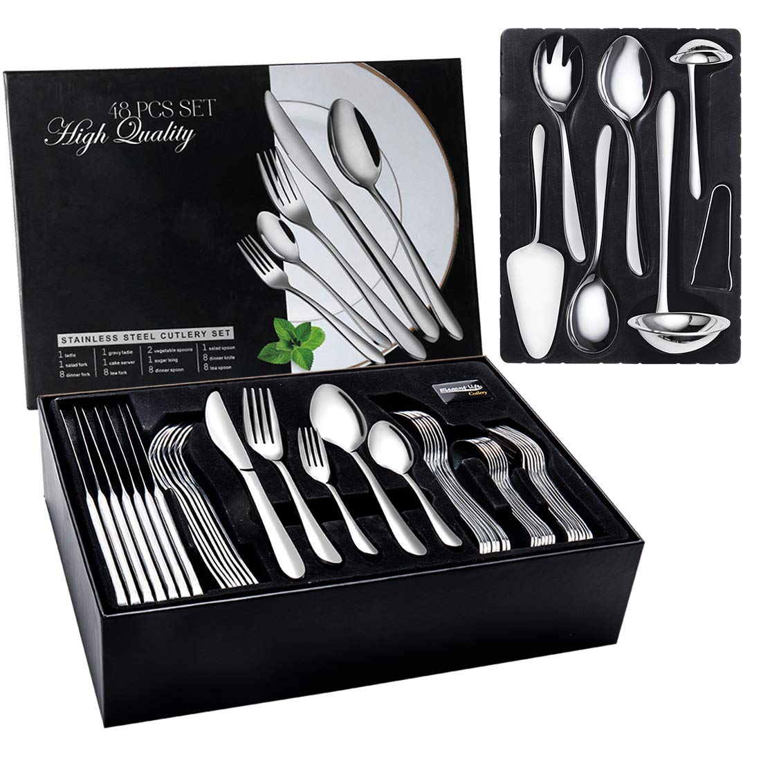 JIALONGDA 48-Piece Cutlery Set, Stainless Steel Flatware Set with 8-Piece Utensil Set, Table Knife/Dinner Spoon & Fork/Teaspoon/Salad Fork, Service