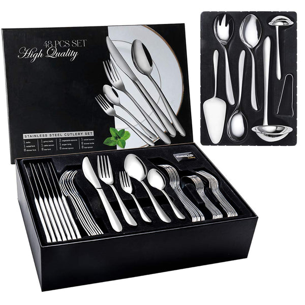 JIALONGDA 48-Piece Cutlery Set, Stainless Steel Flatware Set with 8-Piece Utensil Set, Table Knife/Dinner Spoon & Fork/Teaspoon/Salad Fork, Service