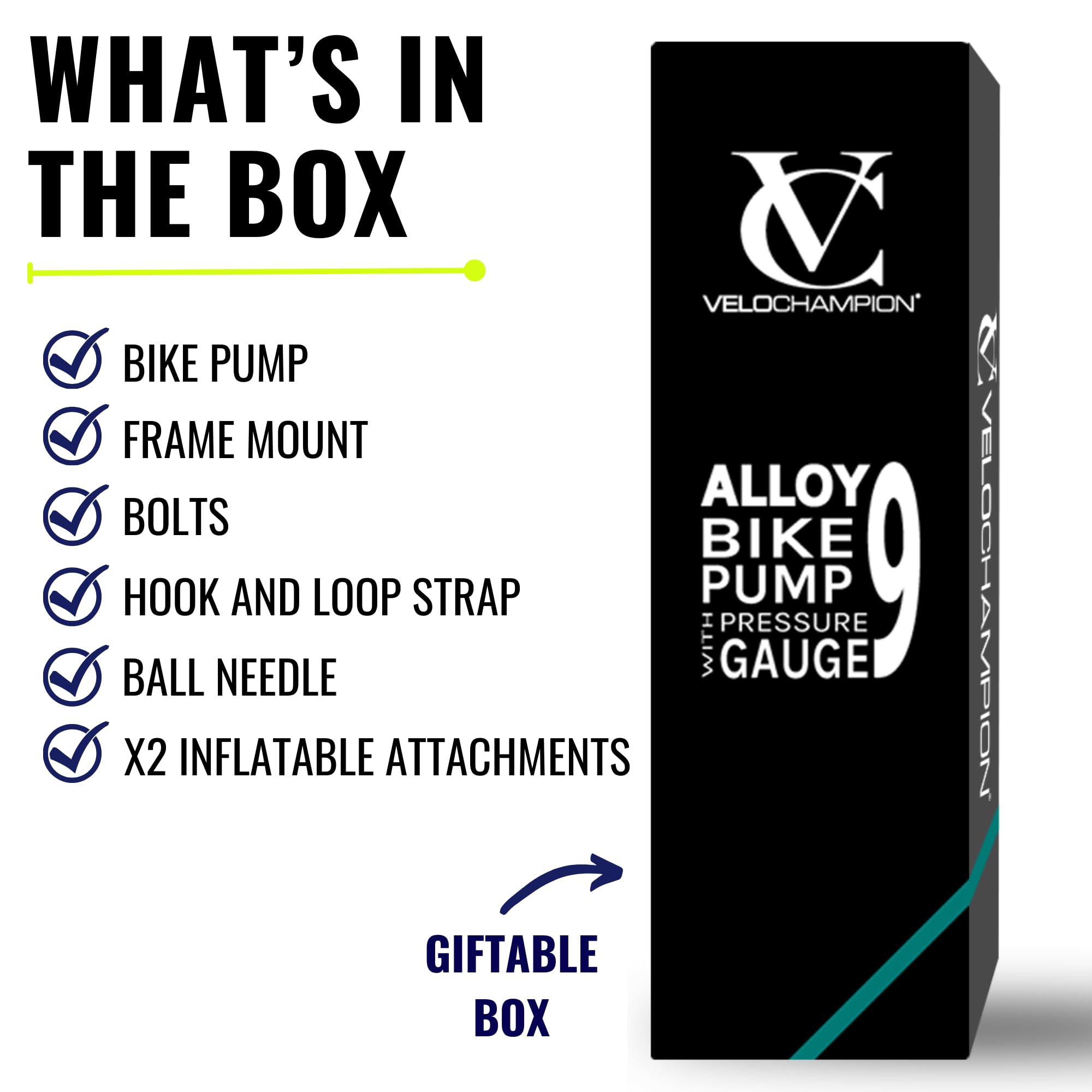 VeloChampion Mini Bicycle Pump with Frame Mount. Portable Alloy Pump For Presta, Schrader and Dunlop Valves. Suitable for All Bikes - Road, Mountain & BMX