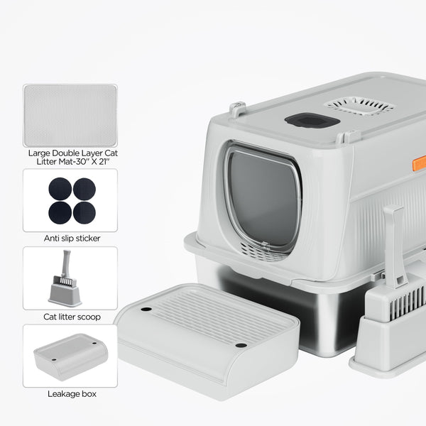 Citylife XL Stainless Steel Cat Litter Box with Lid, Extra Large Enclosed Removable Metal Litter Tray with Litter Scoop&Double Layer Litter Mat, Non-Sticky, Non-Odor, Easy Cleaning, for Big Cats