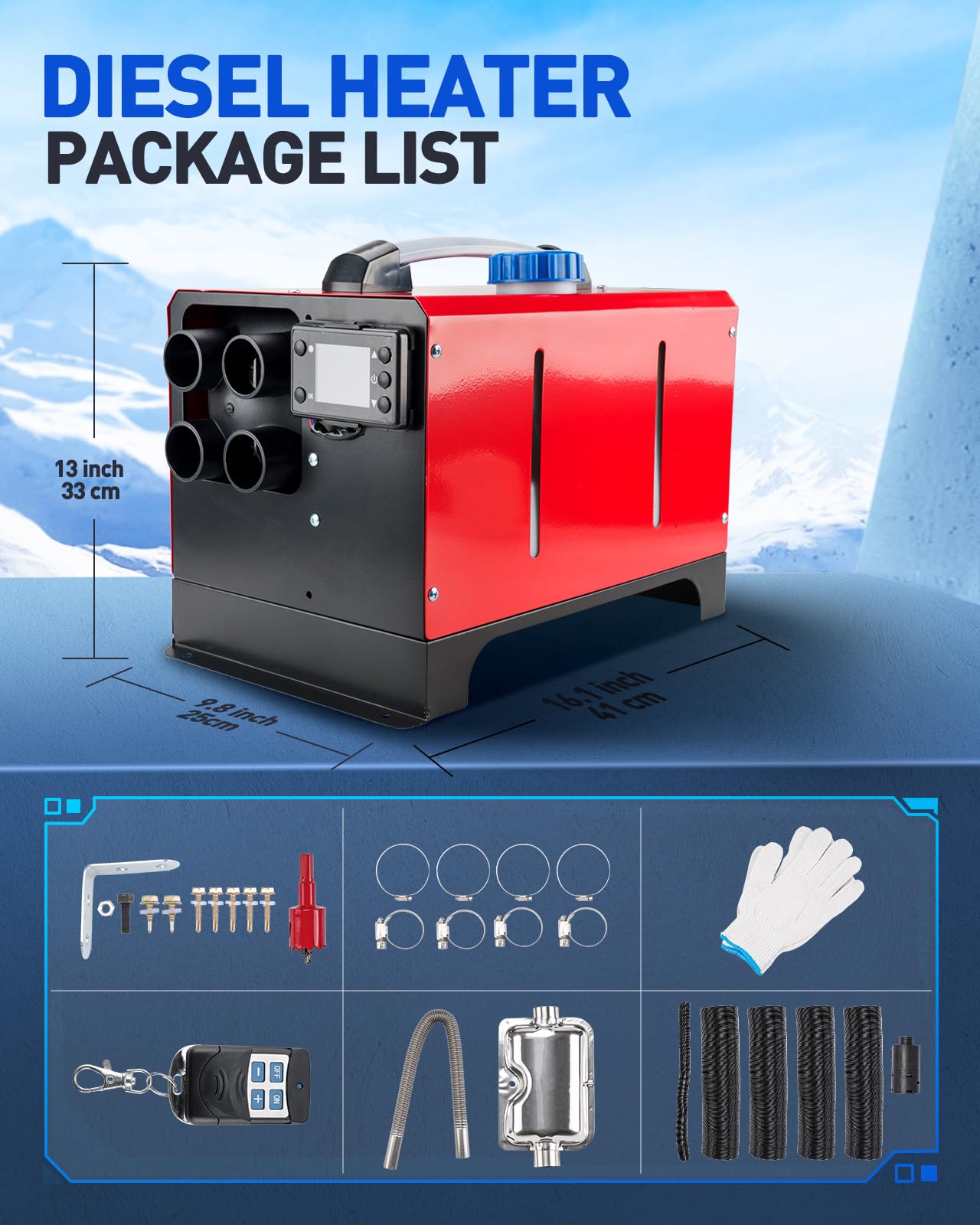 ShockFlo 12V 5KW Diesel Air Heater, All in One Parking Heater Kit with Remote Control, Silencer and LCD Display, Fast Heating, for RV Truck, Motorhomes, Boat, Bus, Car Trailer, Caravans