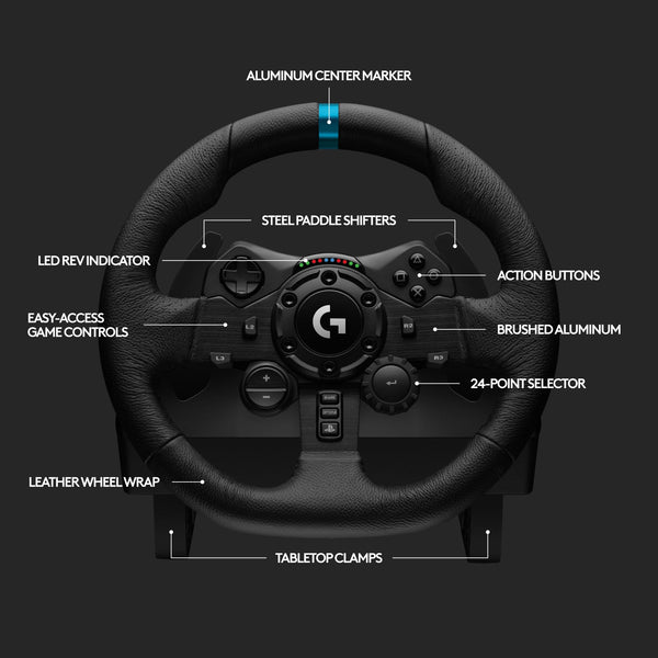 Logitech G G923 Racing Wheel and Pedals, TRUEFORCE up to 1000 Hz Force Feedback, Responsive Driving Design, Dual Clutch Launch Control, Genuine Leather Wheel Cover, for PS5, PS4, PC, Mac - Black