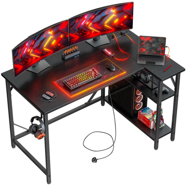 DOMSHOCT L Shaped Gaming Desk with Power Outlets, 120x70cm Corner Computer Desk with Large Reversible Shelves, Home Office Desk with Hooks for Writing
