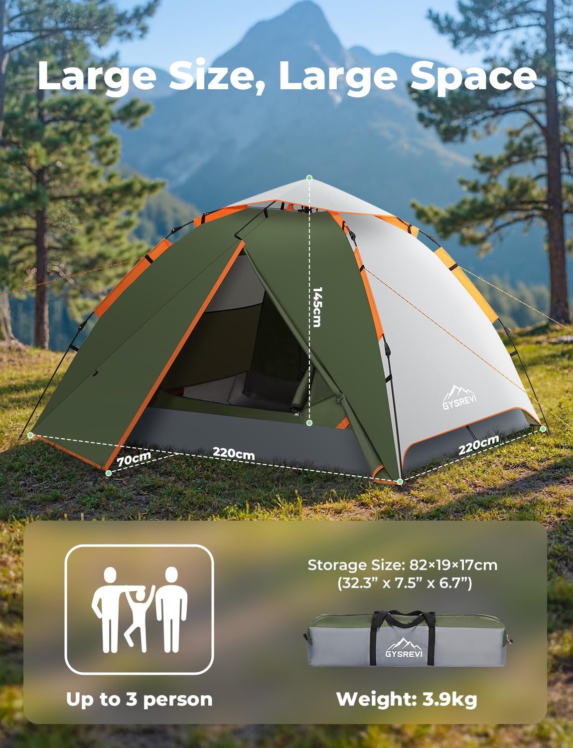 Gysrevi Camping Tent, 3 Man Instant Pop Up Tent Waterproof, Large Double Layer Automatic Dome Tent, Outdoor Backpacking Tents for Camping