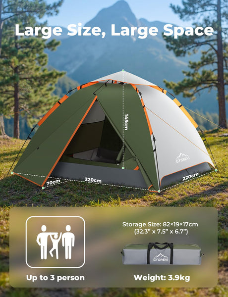 Gysrevi Camping Tent, 3 Man Instant Pop Up Tent Waterproof, Large Double Layer Automatic Dome Tent, Outdoor Backpacking Tents for Camping