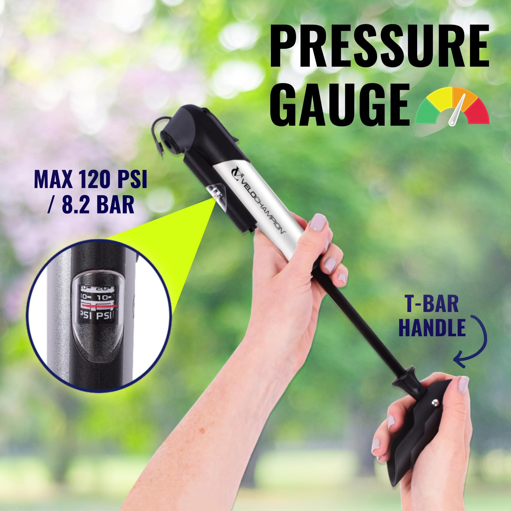 VeloChampion Mini Bicycle Pump with Frame Mount. Portable Alloy Pump For Presta, Schrader and Dunlop Valves. Suitable for All Bikes - Road, Mountain & BMX