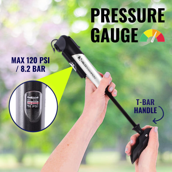 VeloChampion Mini Bicycle Pump with Frame Mount. Portable Alloy Pump For Presta, Schrader and Dunlop Valves. Suitable for All Bikes - Road, Mountain & BMX