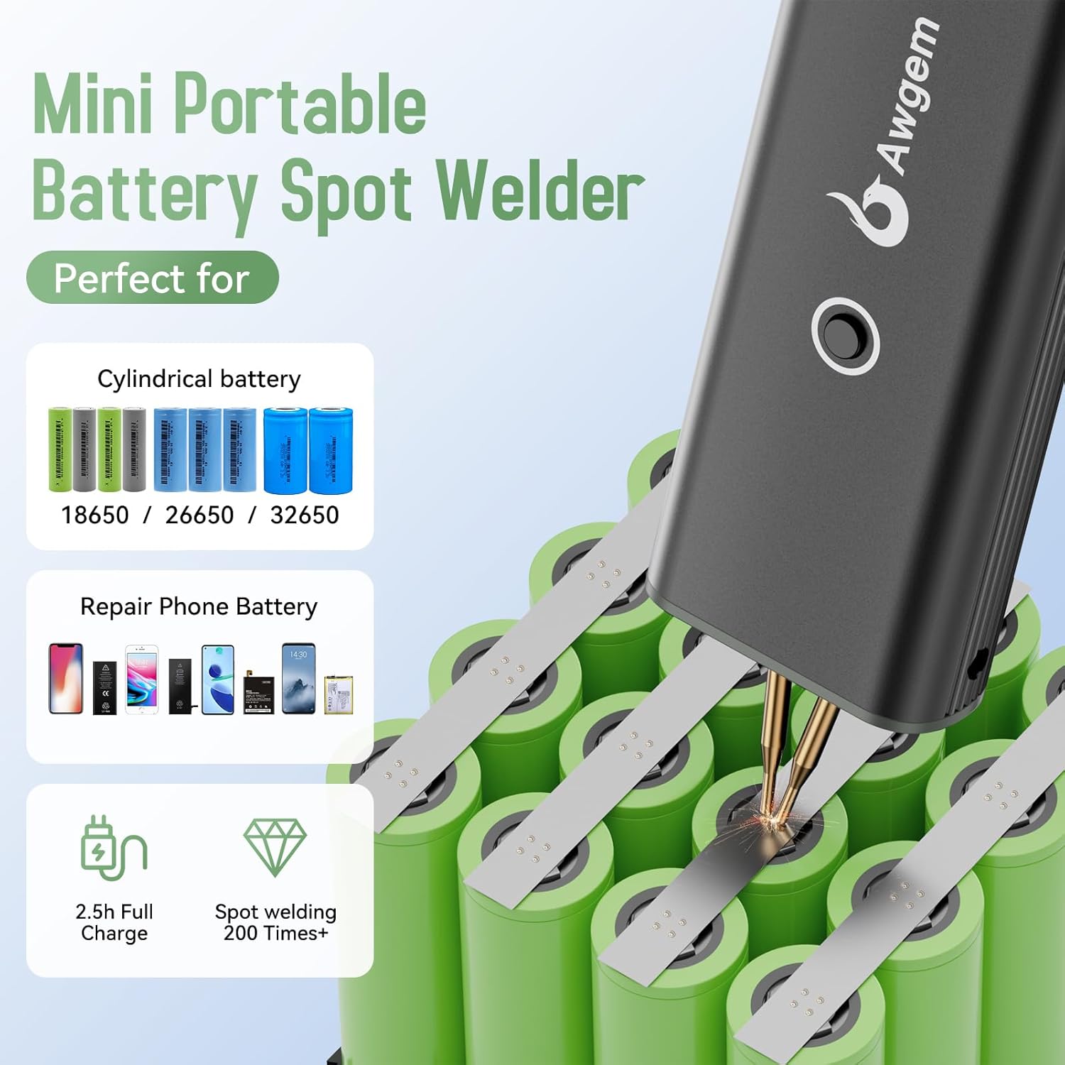 Awgem Compact Handheld Spot Welder, Auto/Manual Mode with 11 Gears for Mobile Phone & Bluetooth Battery 18650 Battery Welding, Aluminum Alloy Shell Battery Spot Welder