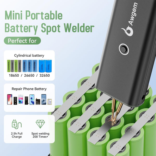 Awgem Compact Handheld Spot Welder, Auto/Manual Mode with 11 Gears for Mobile Phone & Bluetooth Battery 18650 Battery Welding, Aluminum Alloy Shell Battery Spot Welder