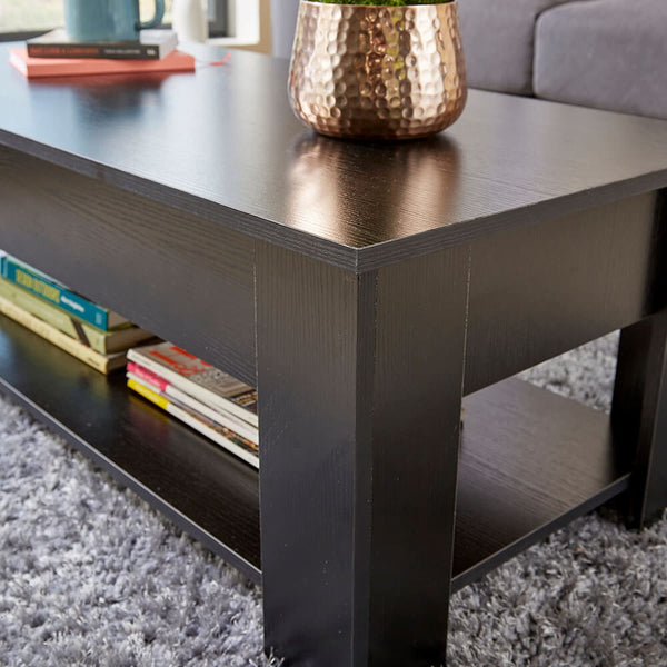 Home Source Coffee Table with Lift Up Top Storage Area and Magazine Shelf, Black
