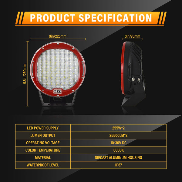 RIGIDON 2 Pcs Black Case Round Led Work Light, 9 inch 294W Spot Beam, 12V 24V Driving Lights Lamp Headlight for Car Off road Boat Truck 4x4 SUV ATV Tractors Excavator, 6000K White, Fog Lamp