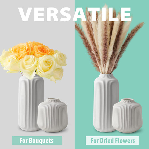 flature Ceramic Vases in Nordic Style, Modern Vase Deco for Pampas Grass, Boho Deco for Windowsill, Vases Set in White Matt, Flower Vase as Home