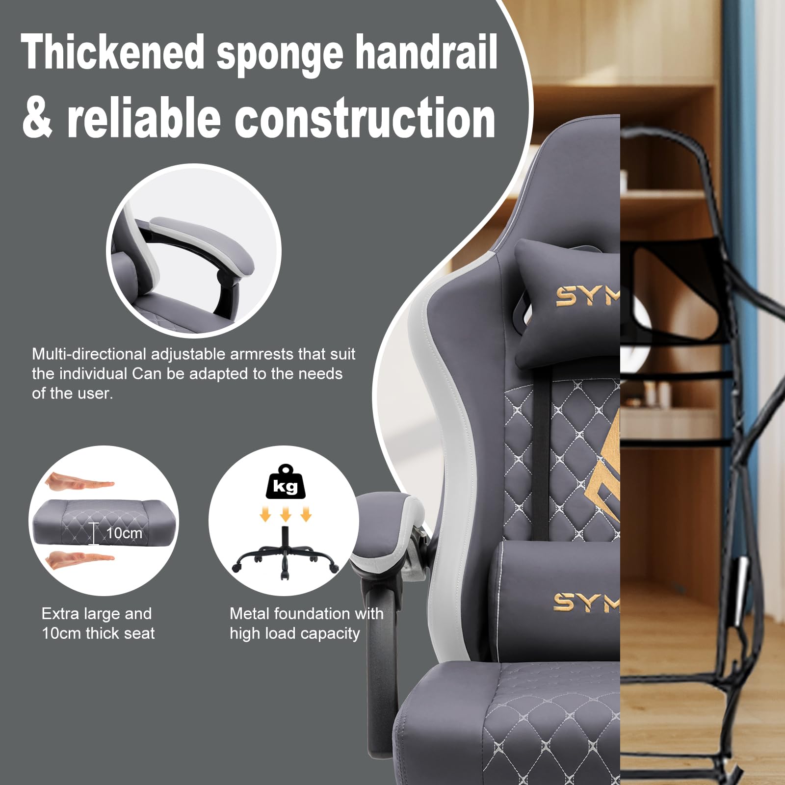 Symino Gaming Chair with Footrest, Computer Ergonomic Video Game Chair, Adjustable Swivel Task Chair with Lumbar Support, PC Chair, Office Chair PU Leather, Grey&White