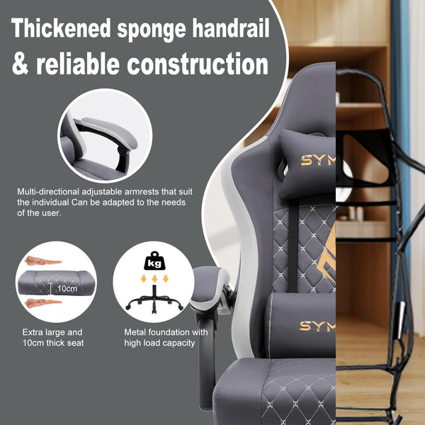 Symino Gaming Chair with Footrest, Computer Ergonomic Video Game Chair, Adjustable Swivel Task Chair with Lumbar Support, PC Chair, Office Chair PU Leather, Grey&White