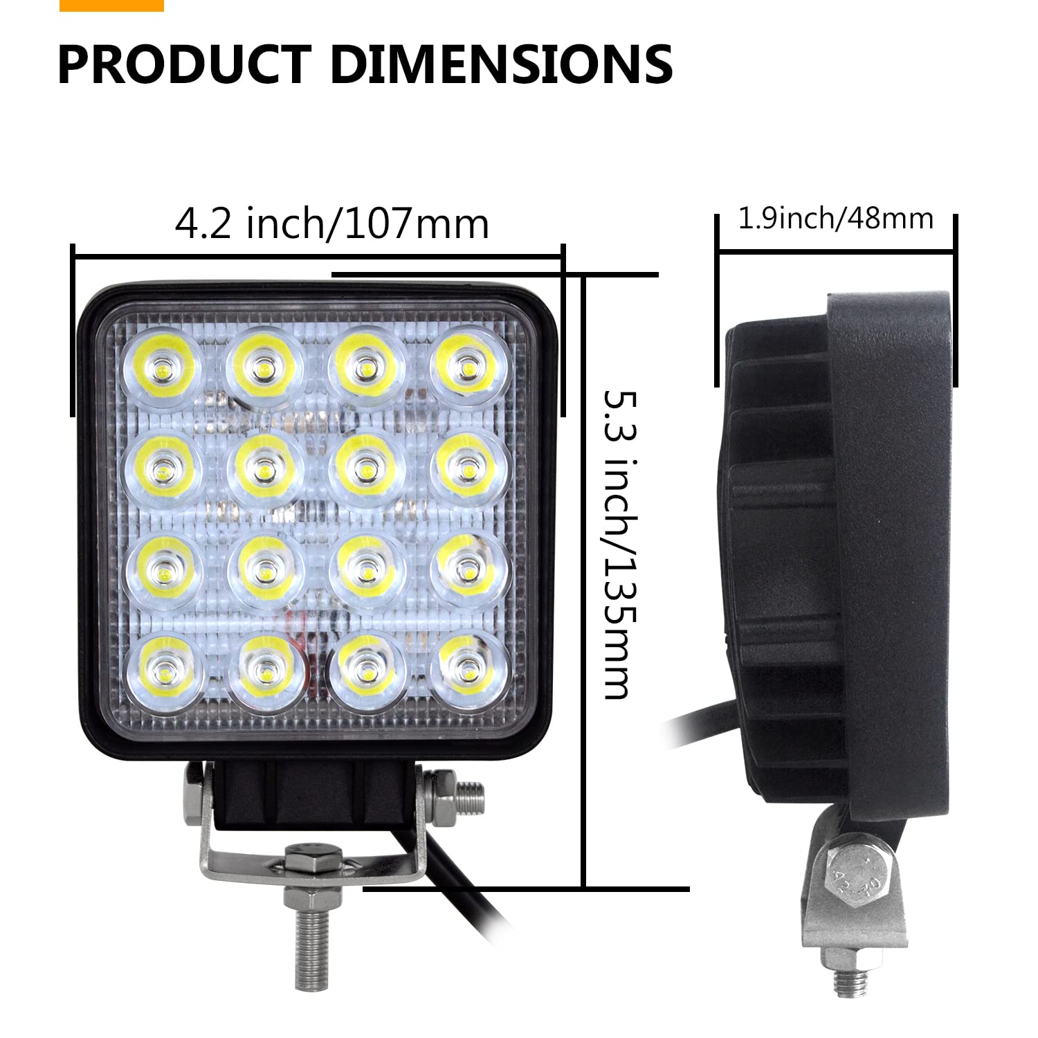 RIGIDON 2 Pcs Square Led Work Light, 4 inch 48W Spot Beam, 12V 24V Driving Lights Lamp for Car Off road Boat Truck 4x4 SUV ATV Tractors Excavator, 6000K White, Fog Lamp