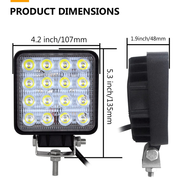 RIGIDON 2 Pcs Square Led Work Light, 4 inch 48W Spot Beam, 12V 24V Driving Lights Lamp for Car Off road Boat Truck 4x4 SUV ATV Tractors Excavator, 6000K White, Fog Lamp