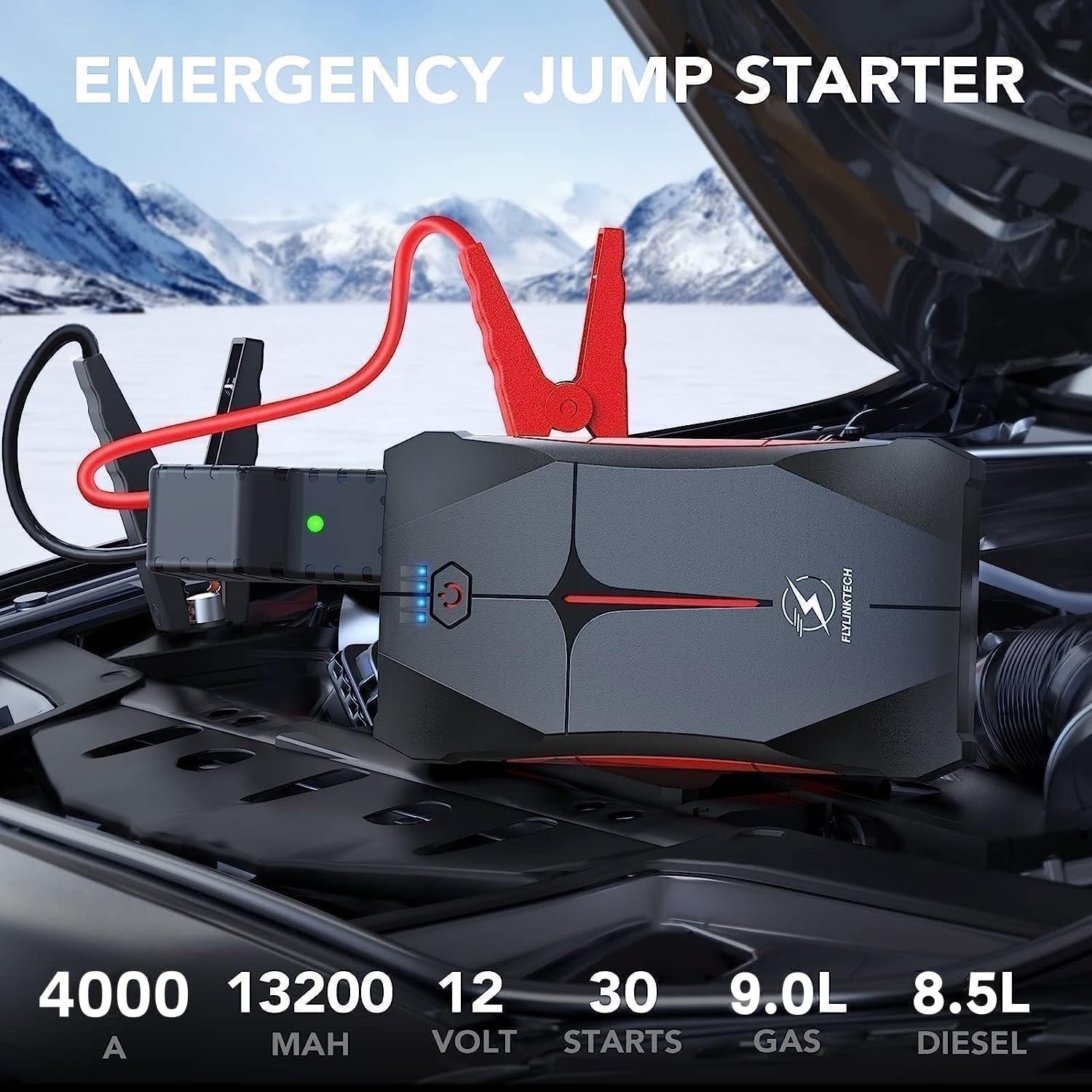 Car Jump Starter, FLYLINKTECH 4000A Peak 12V Portable Car Battery Jump Starter Booster (up to 9.0L Gas Or 8.5L Diesel Engine), Power Bank with LED Flashlight, IP67