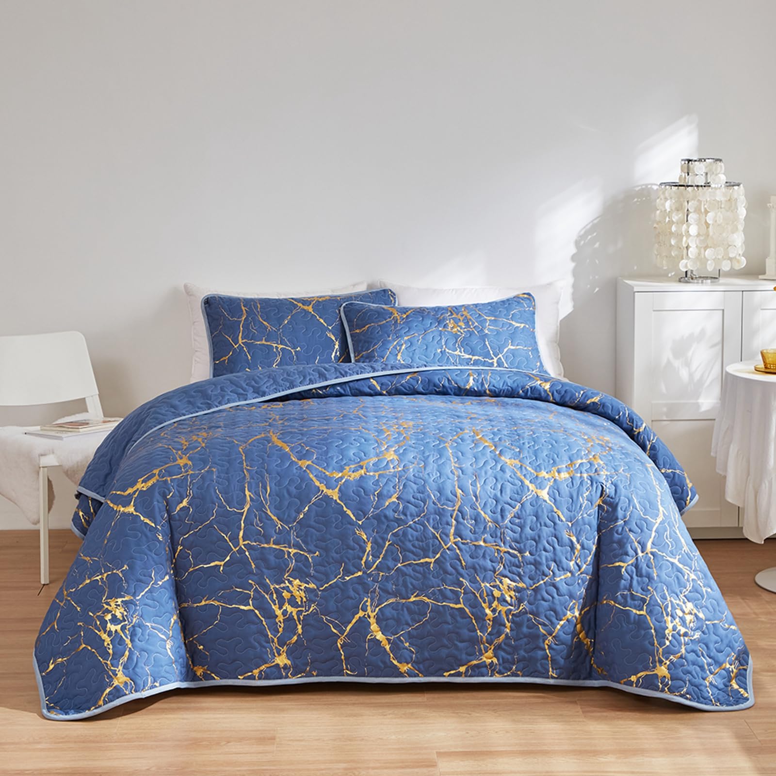HAVOP King Size Blue Quilted Bedspreads - Gold Marble Printed Luxury Soft Microfiber Coverlet All Season Bedding Set