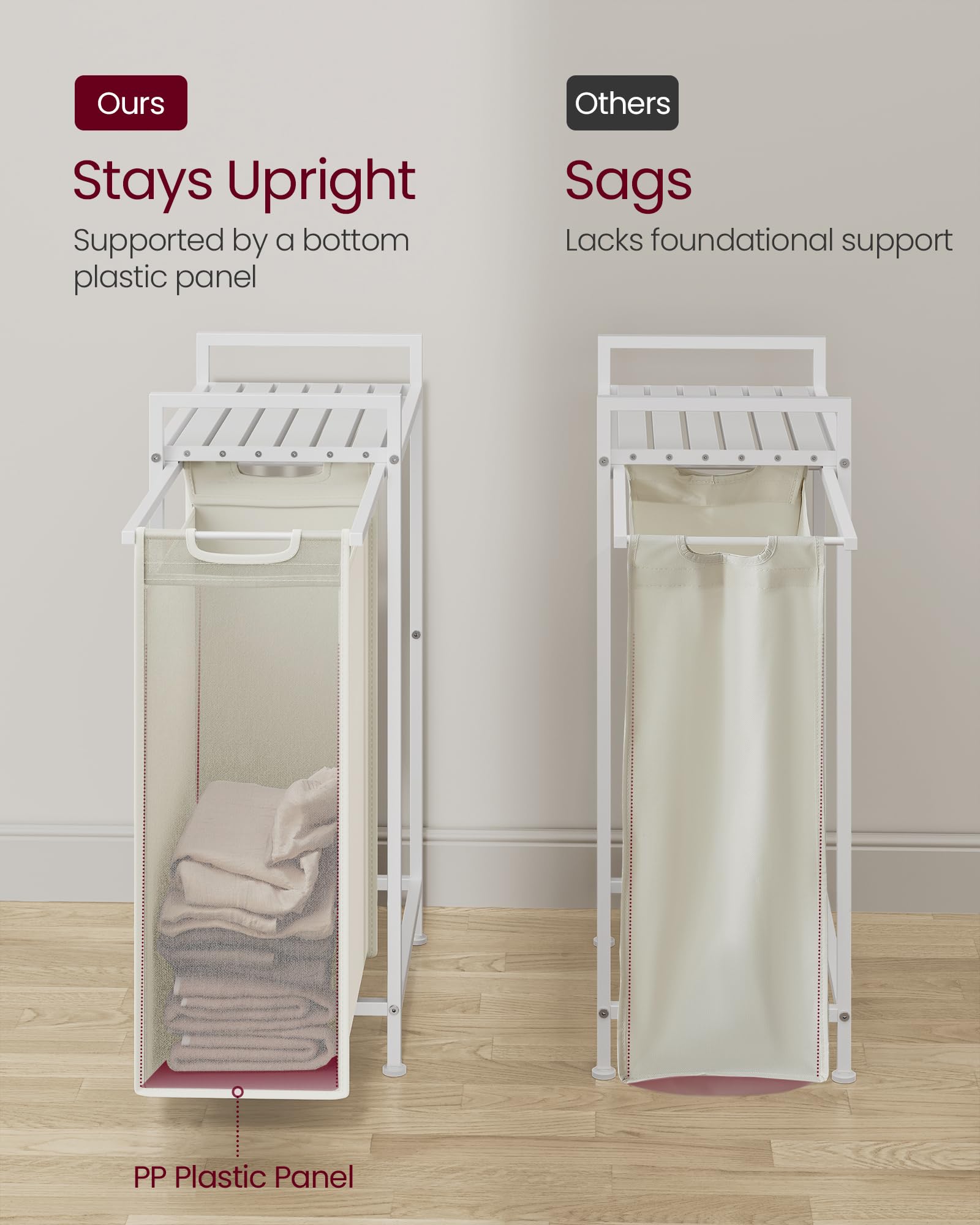 VASAGLE Laundry Basket, Laundry Hamper, Pull-Out and Removable Liner Bag, Shelf, Metal Frame, 65 L, 50 x 33 x 72 cm, Ink Black and Rustic Brown BLH101B01