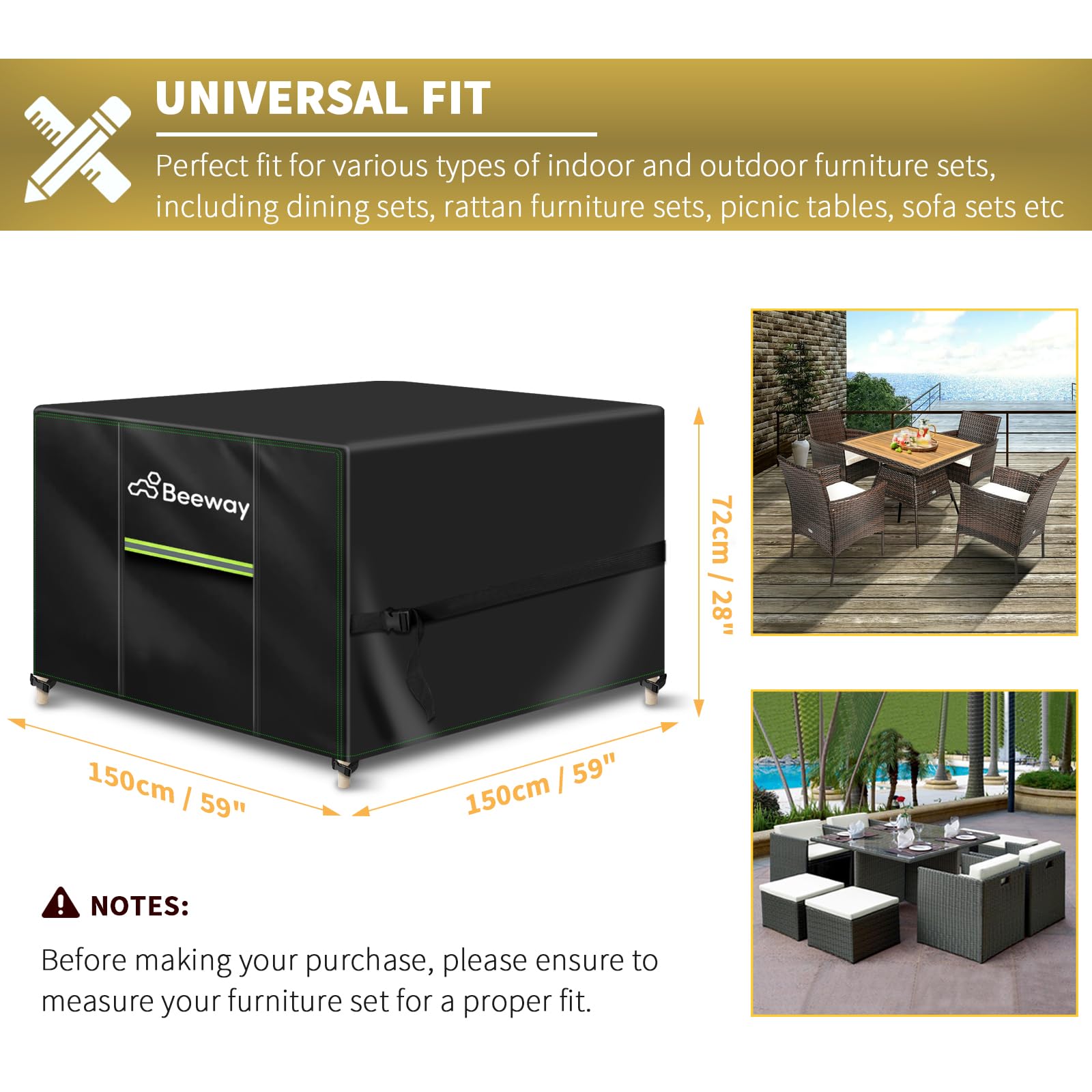 BEEWAY Garden Furniture Cover With Air Vent, Waterproof Patio Rattan Sofa Table Chair Set Cover - 420D Oxford Fabric, Windproof - Rectangular 242 x 182 x 100cm