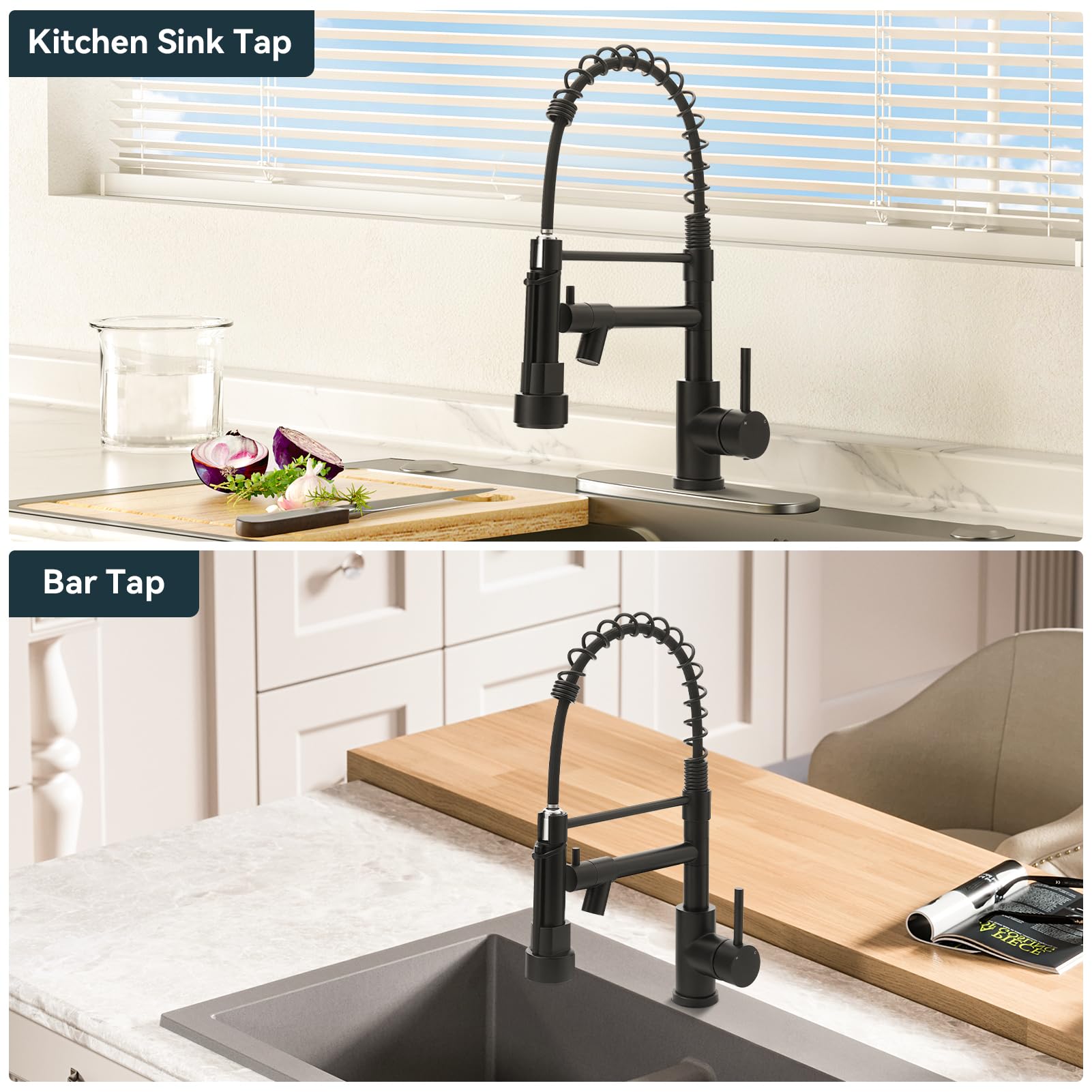 Warmiehomy 5 Modes Kitchen Taps Mixer with Pull Out Spray,High Arc 360° Swivel Dual Spout Pull Down Stainless Steel Kitchen Sink Taps,Brushed Nickel
