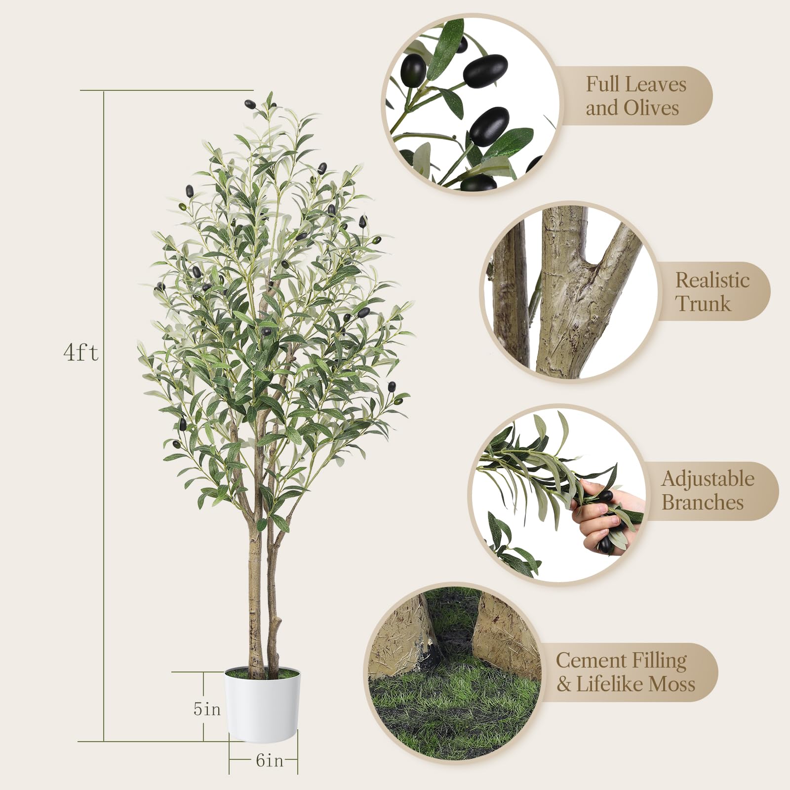 Alupssuc 4FT Olive Tree Artificial, Faux Olive Tree with White Pot, Fake Olive Plant Indoor Outdoor with Natural Wood Trunk & Lifelike Fruits, Perfect