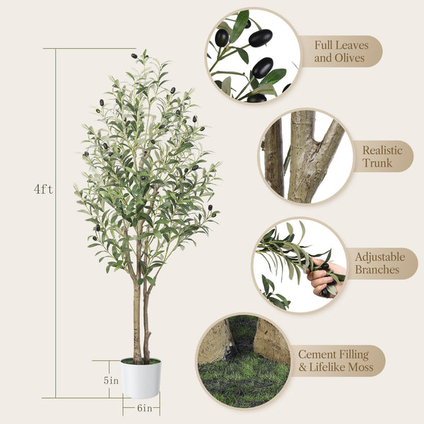 Alupssuc 4FT Olive Tree Artificial, Faux Olive Tree with White Pot, Fake Olive Plant Indoor Outdoor with Natural Wood Trunk & Lifelike Fruits, Perfect