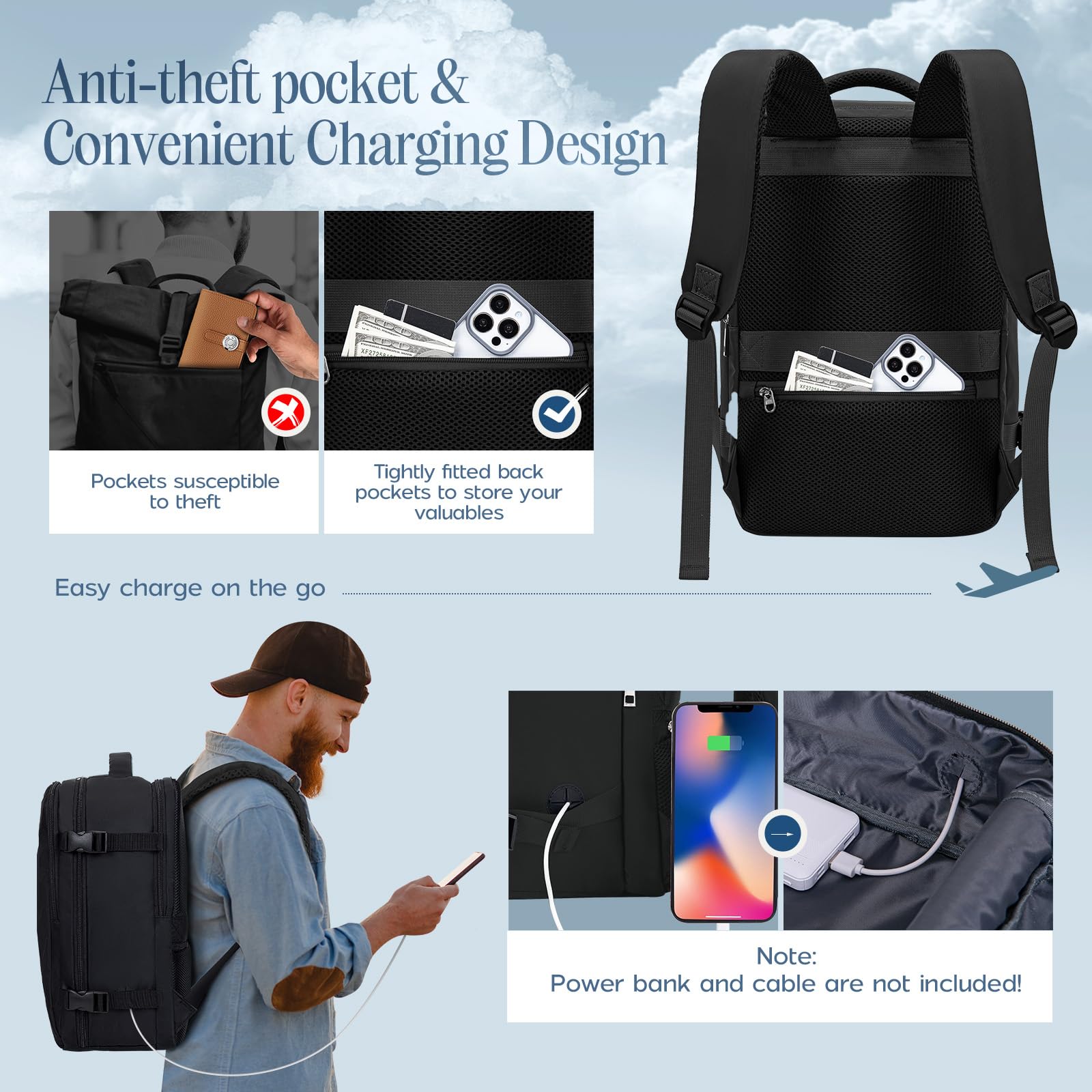 Xkdoai for Ryanair Cabin Bags 40x20x25, Travel Backpack with TSA Approved Clear Bag, Travel Bag Underseat Carry-ons Hand Luggage Bag for Travelling Casual Daypack for Ryan Air Plane