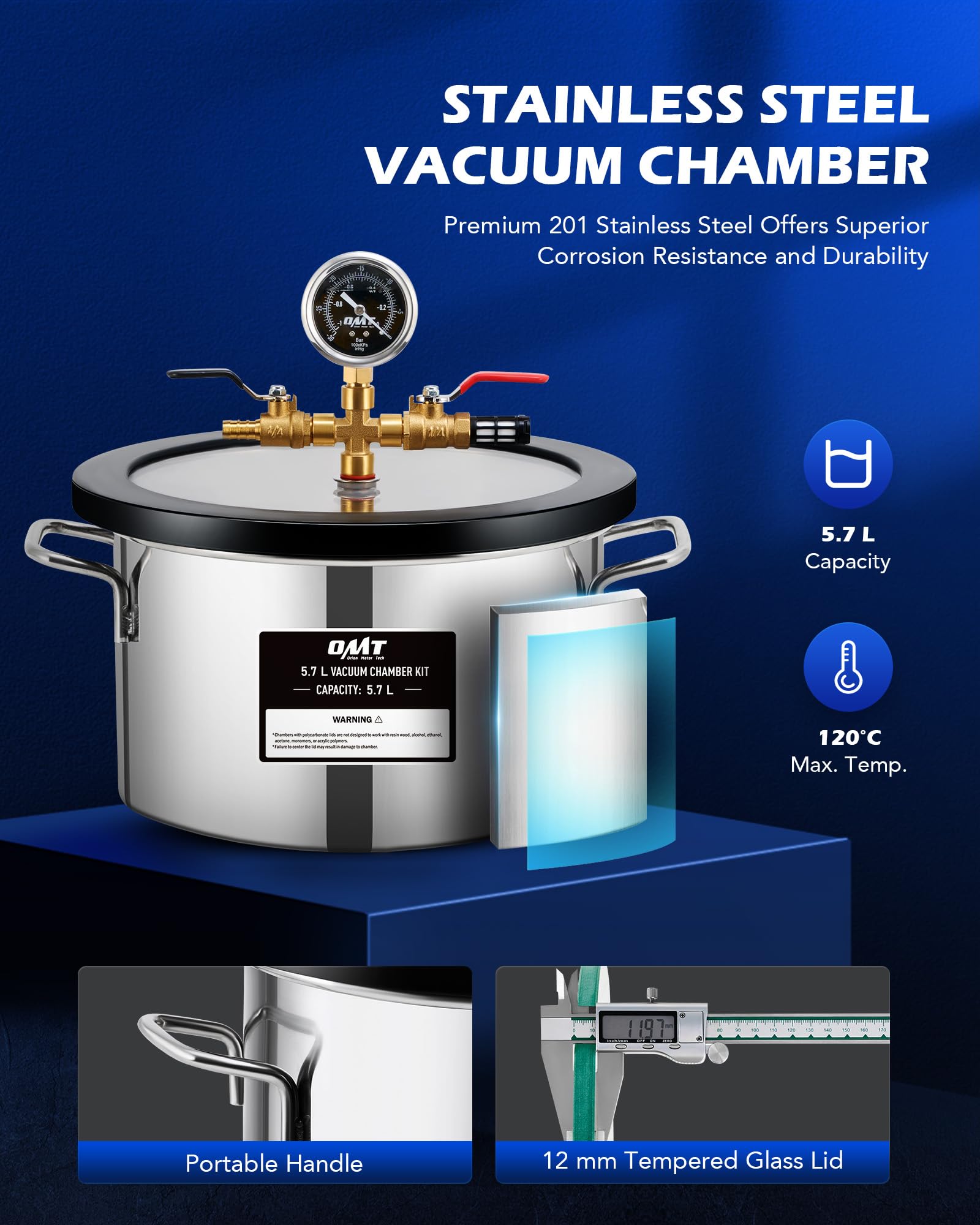 ORION MOTOR TECH 18.9 L Vacuum Chamber with Pump Kit, 3.5 cfm Vacuum Pump and Chamber Kit with Tempered Glass Lid 1.5 m Hose, Vacuum Degassing Chamber Kit for Stabilizing Wood Degassing Silicone Resin