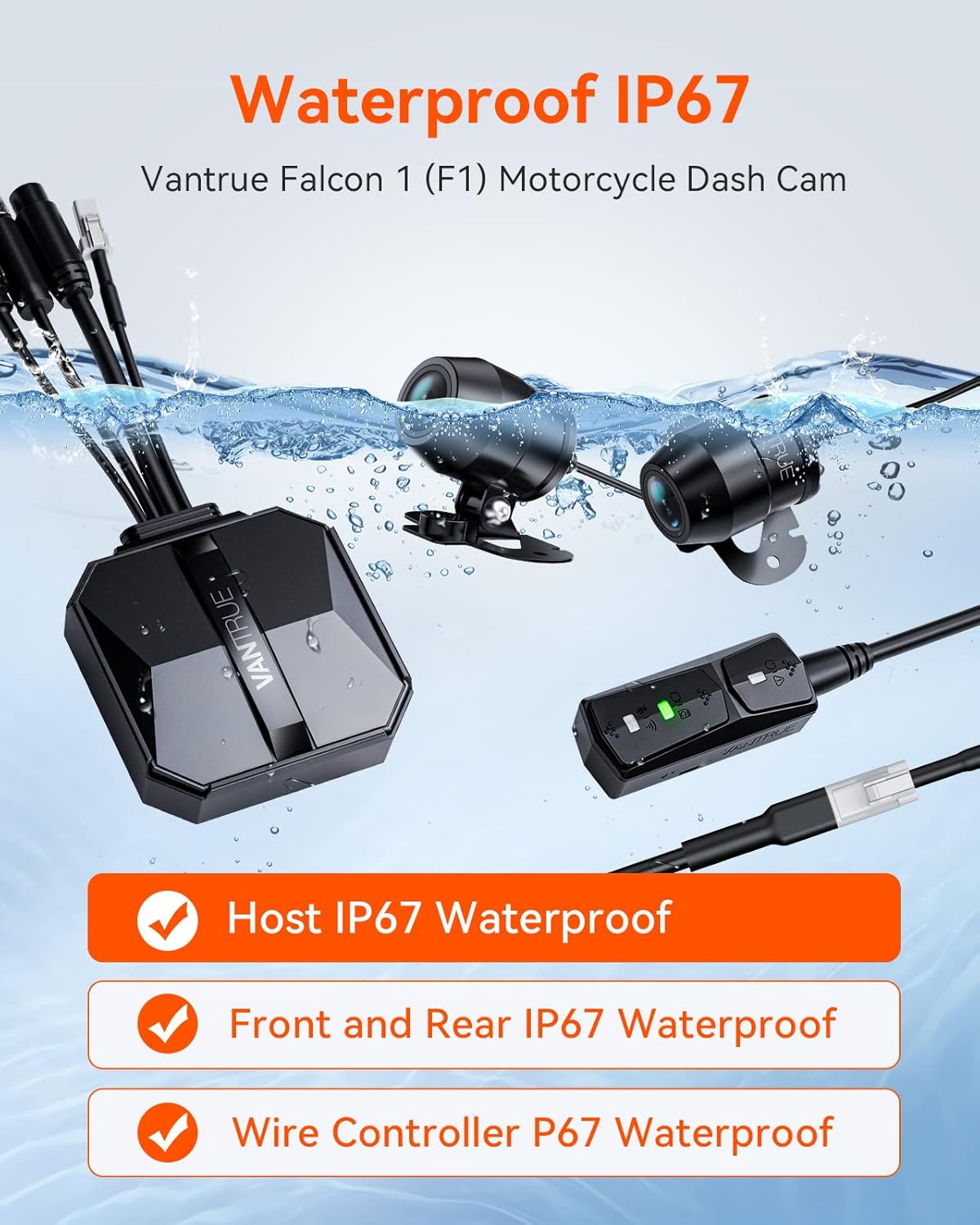 VANTRUE F1 Motorcycle Camera 4K Front and Rear 5GHz WiFi GPS HDR Waterproof, Dual Motorbike Motorcycle Dash Cam Dustproof, Motorbike Camera Dual Lens 160 Wide Anlge, 24H Parking Mode, 512GB Max