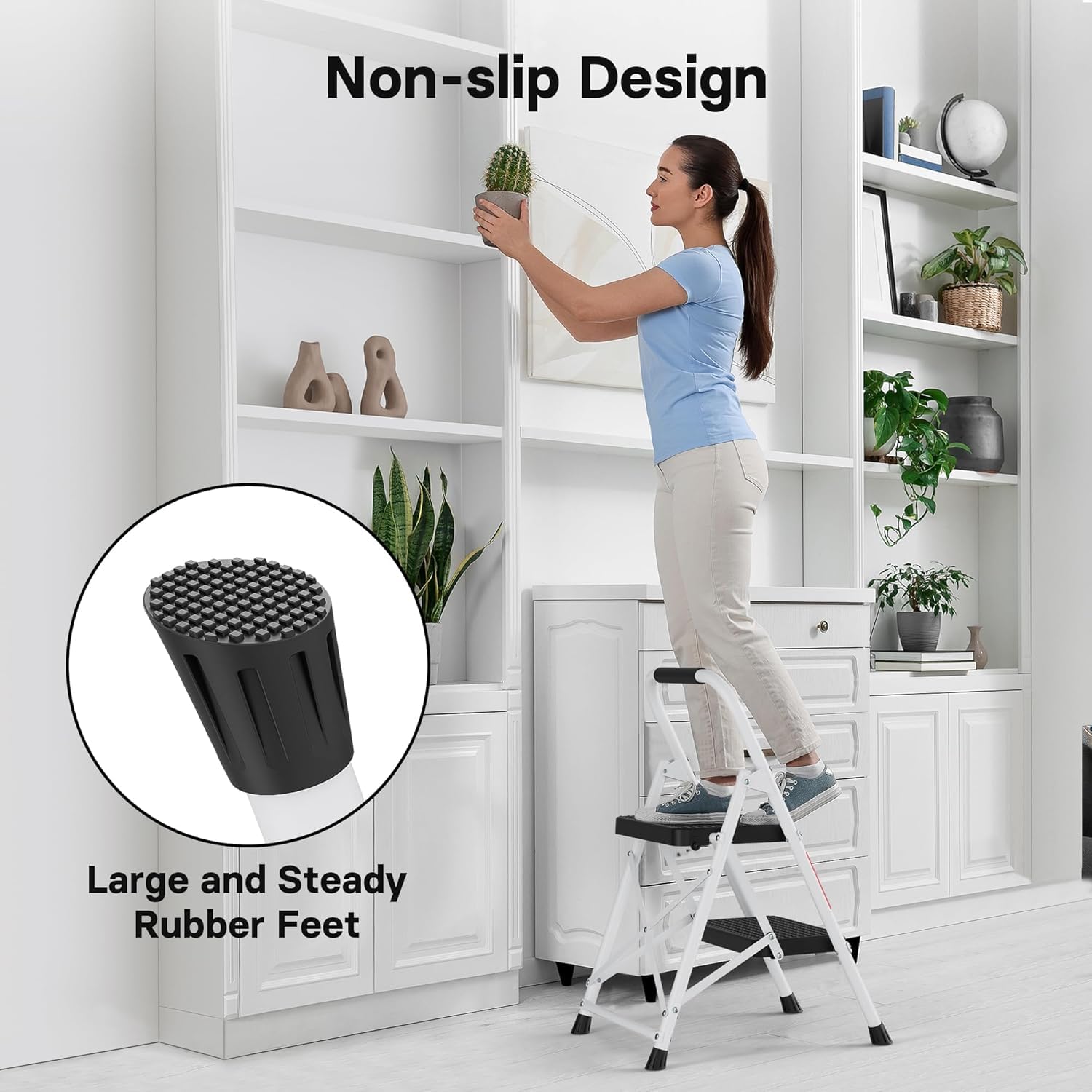 BONTEC 2 Step Ladder, Capacity 150KG with Wide Anti-Slip Pedals, Folding Steel Step Stool, Sponge Handlebar, Lightweight Portable Ladder Suitable for Home, Kitchen, Pantry, Indoor/Outdoor Use, Black