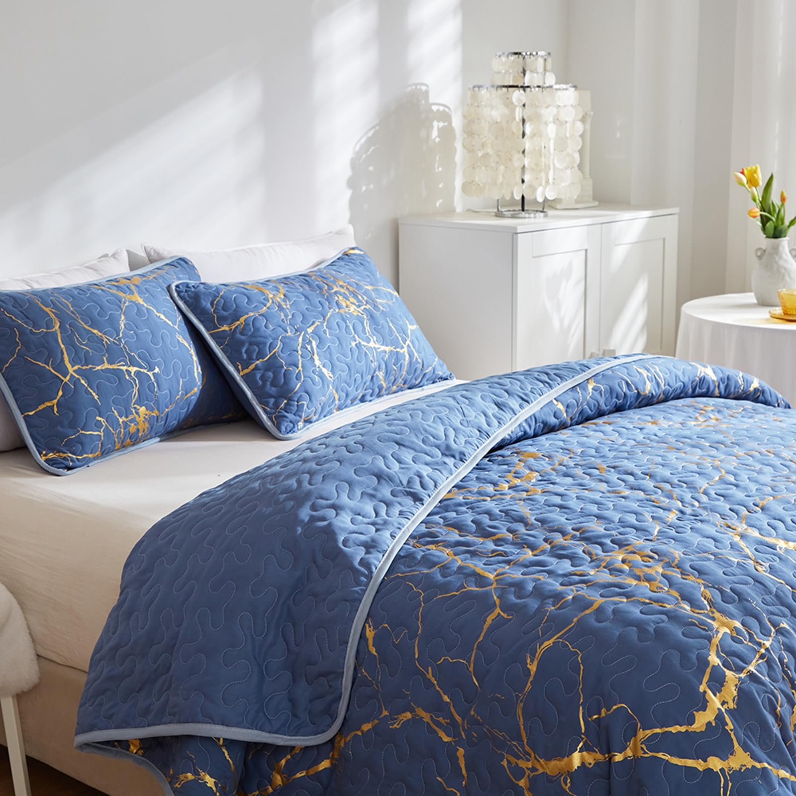 HAVOP King Size Blue Quilted Bedspreads - Gold Marble Printed Luxury Soft Microfiber Coverlet All Season Bedding Set