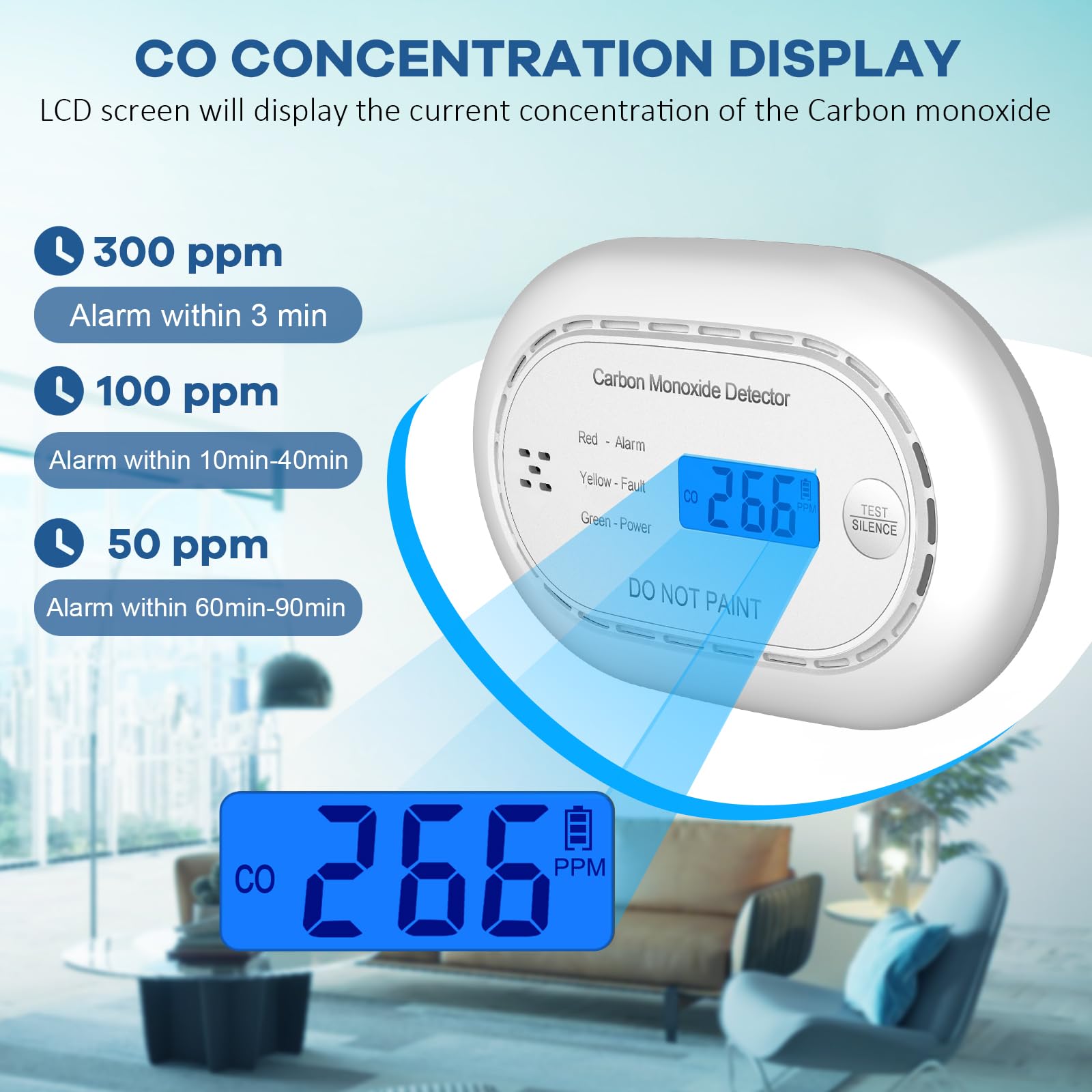Carbon Monoxide Detector with LCD Digital Display, CE Certified CO Alarm with Sealed in 10 Year Battery, Standalone Audible CO Detector for Home,Black,1 Pack
