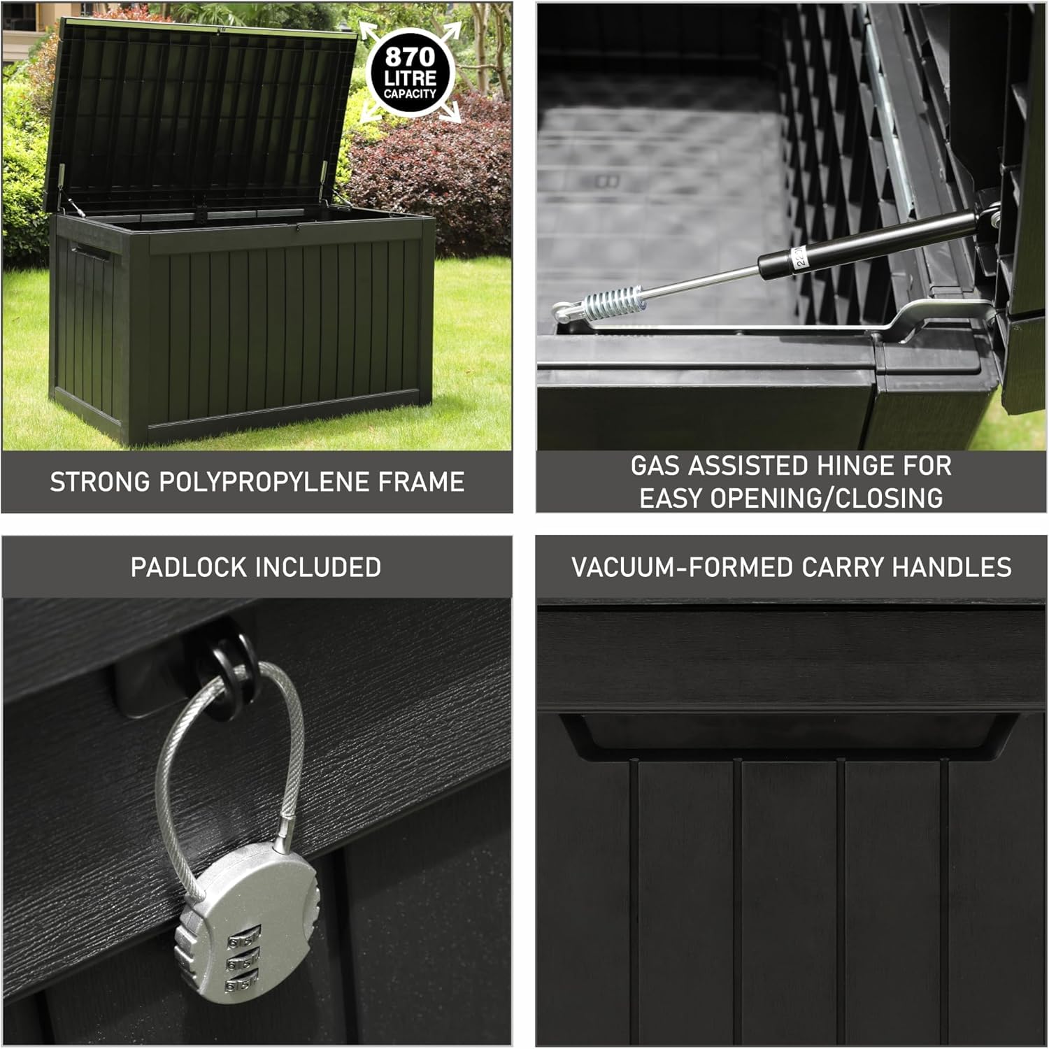 Olsen & Smith 680L Large Garden Storage Box - Weather Resistant Heavy Duty Garden Box with Padlock & Wood Effect - Huge Capacity Outdoor Storage Chest for Tools, Cushions, Toys & More (Anthracite)