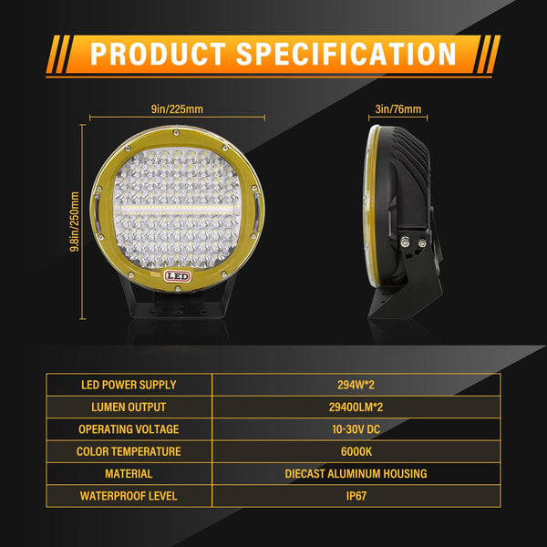 RIGIDON 2 Pcs Black Case Round Led Work Light, 9 inch 294W Spot Beam, 12V 24V Driving Lights Lamp Headlight for Car Off road Boat Truck 4x4 SUV ATV Tractors Excavator, 6000K White, Fog Lamp
