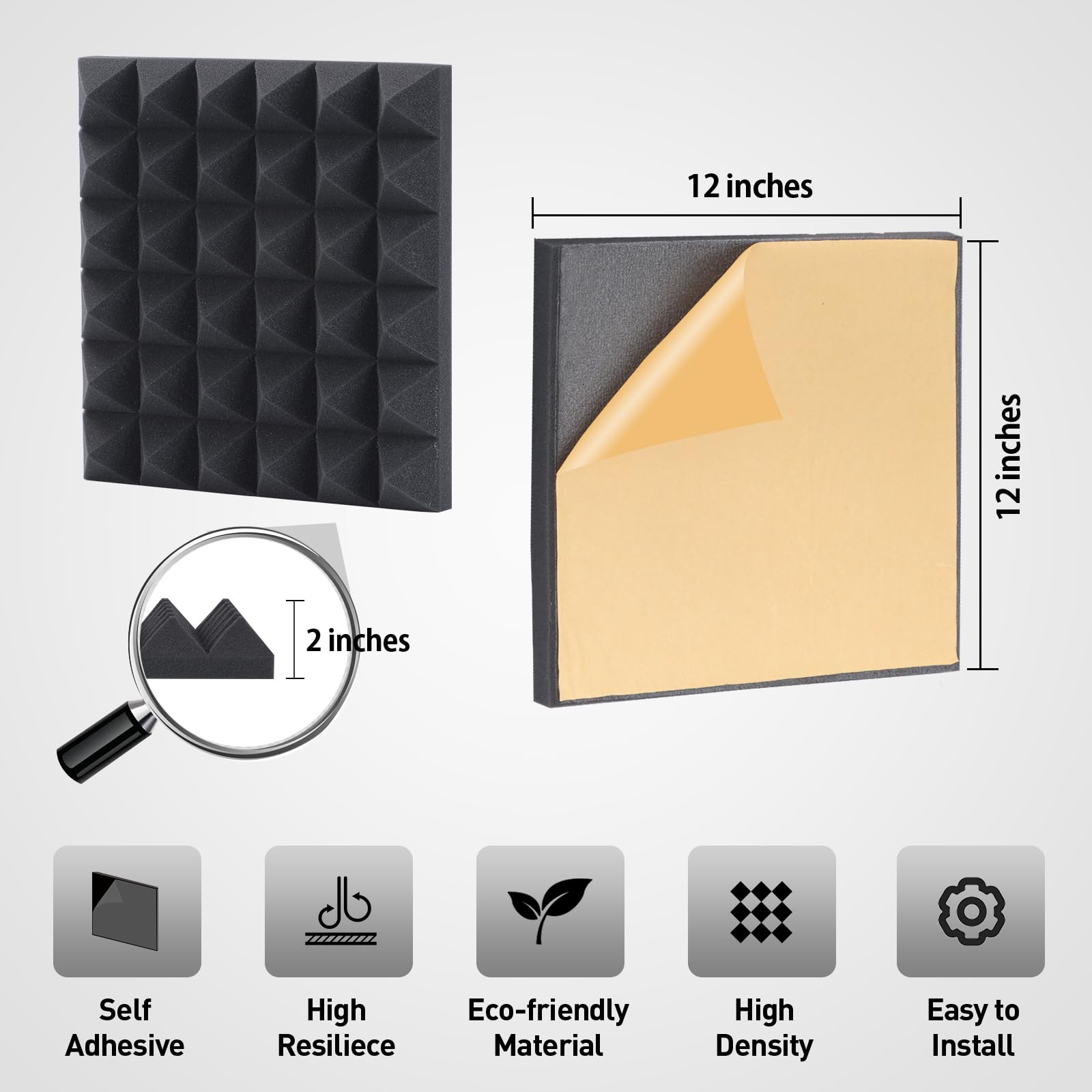 HERTBER-24 Pack Sound Proofing Panels 12x12x2 Inches Acoustic Wall Panels Self Adhesive Soundproofing Panels with Strong Glue, High Density Acoustic Panels for Sound Absorption and Echo Control