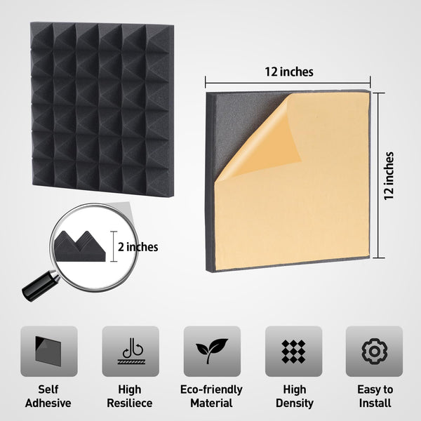 HERTBER-24 Pack Sound Proofing Panels 12x12x2 Inches Acoustic Wall Panels Self Adhesive Soundproofing Panels with Strong Glue, High Density Acoustic Panels for Sound Absorption and Echo Control