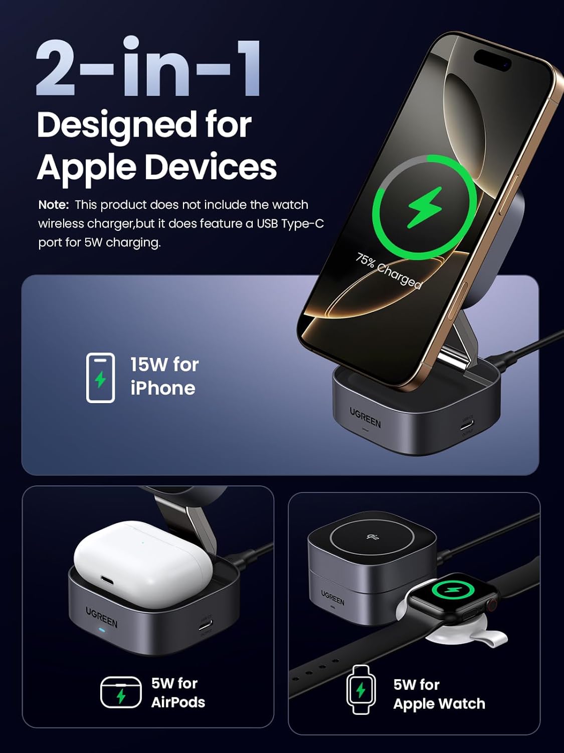 UGREEN MagFlow MagSafe Charger Compatible, 15W Wireless Charger Stand, 2-in-1 Magnetic Charging Station, Compatible with iPhone 16/15/15 Plus/15 Pro/15 Pro Max/14/13/12, AirPods 4/3/2/Pro 2
