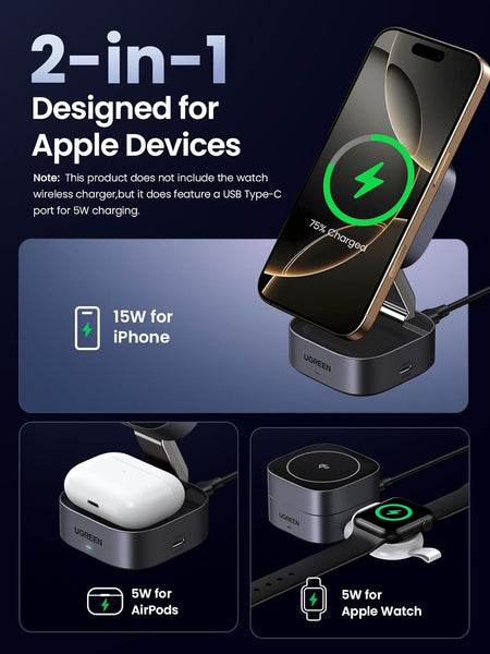 UGREEN MagFlow MagSafe Charger Compatible, 15W Wireless Charger Stand, 2-in-1 Magnetic Charging Station, Compatible with iPhone 16/15/15 Plus/15 Pro/15 Pro Max/14/13/12, AirPods 4/3/2/Pro 2